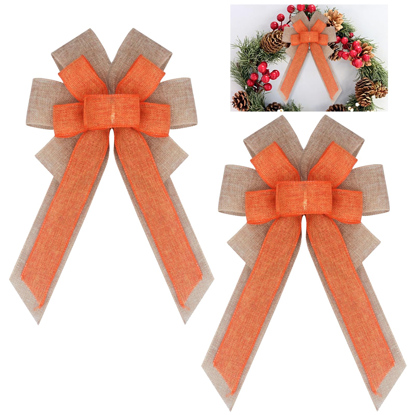 Fnaobai 2Pack Large Burlap Bows Pre-Tied Christmas Tree Wreath Gift Jute Bowknot Ornaments for Christmas Easter Party Holiday Wedding Decorations 40 * 20CM (Orange)