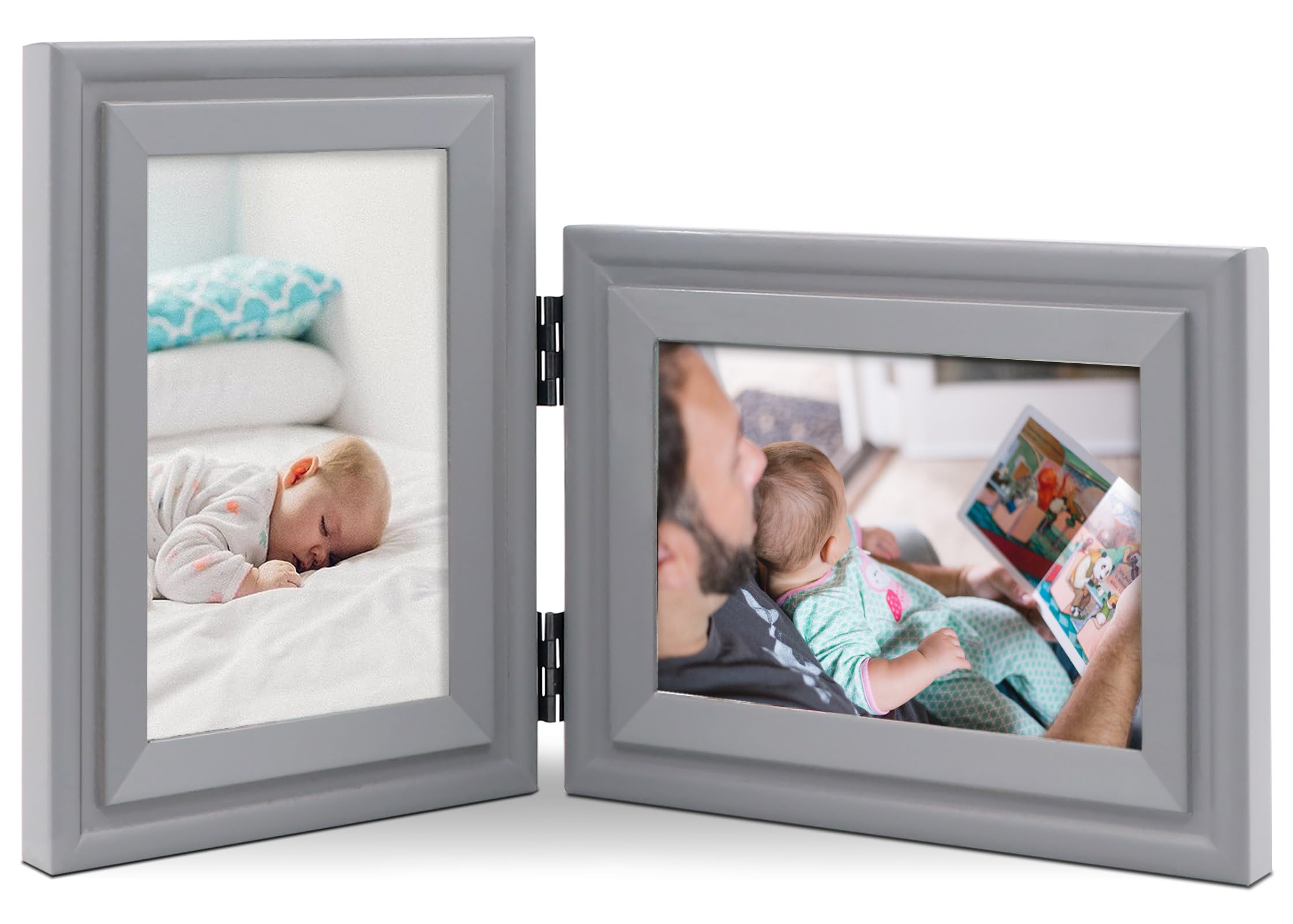 JD Concept Vertical Horizontal Combo, Double 7x5 (13 x 18 cm) Grey Wood Hinged Photo Picture Frame, Desktop or Wall Mounted, Portrait and Landscape View