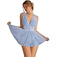 OYOANGLE Women's 2 Piece Polka Dots Lace Sheer Mesh V Neck Babydoll Teddy Lingerie Set