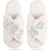 Bride Slippers for Wedding Day, Bride To Be Bridal Shower Gift for Women Bridesmaids, Personalized Initial MRS Pearl Letter Open Toe Fuzzy Flip Flops, Getting Ready Outfit, Bachelorette Party