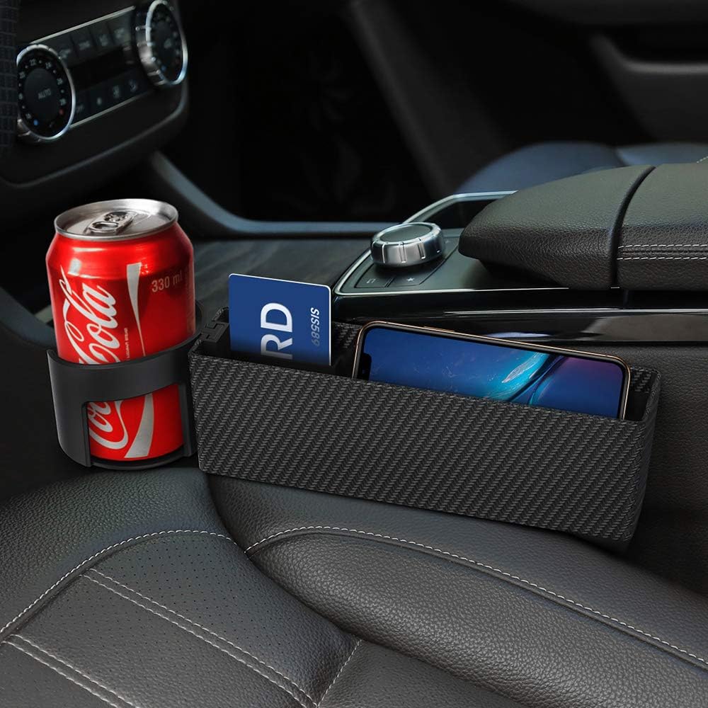 JIAKANUO Auto Car Seat Side Gap Catcher,Console Pocket Organizer,Car Seat Gap Filler, Card Cup Holder PU Leather ZWH04 (Carbon)