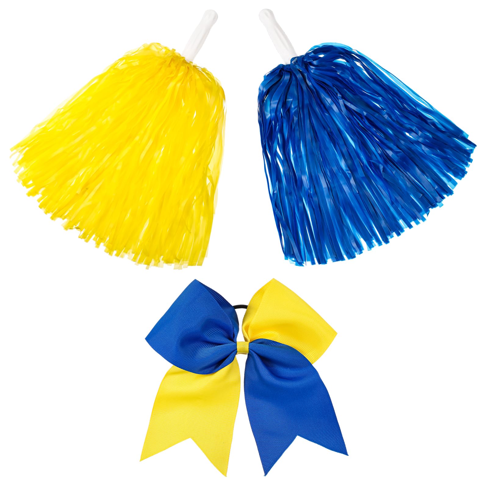Photo 1 of Hanaive 3 Pcs Plastic Cheerleading Pom Poms and Large Cheerleader Hair Bow Metallic Foil Cheer Supplies for Dance Squad Rooters Accessories(Yellow Blue,Matte)