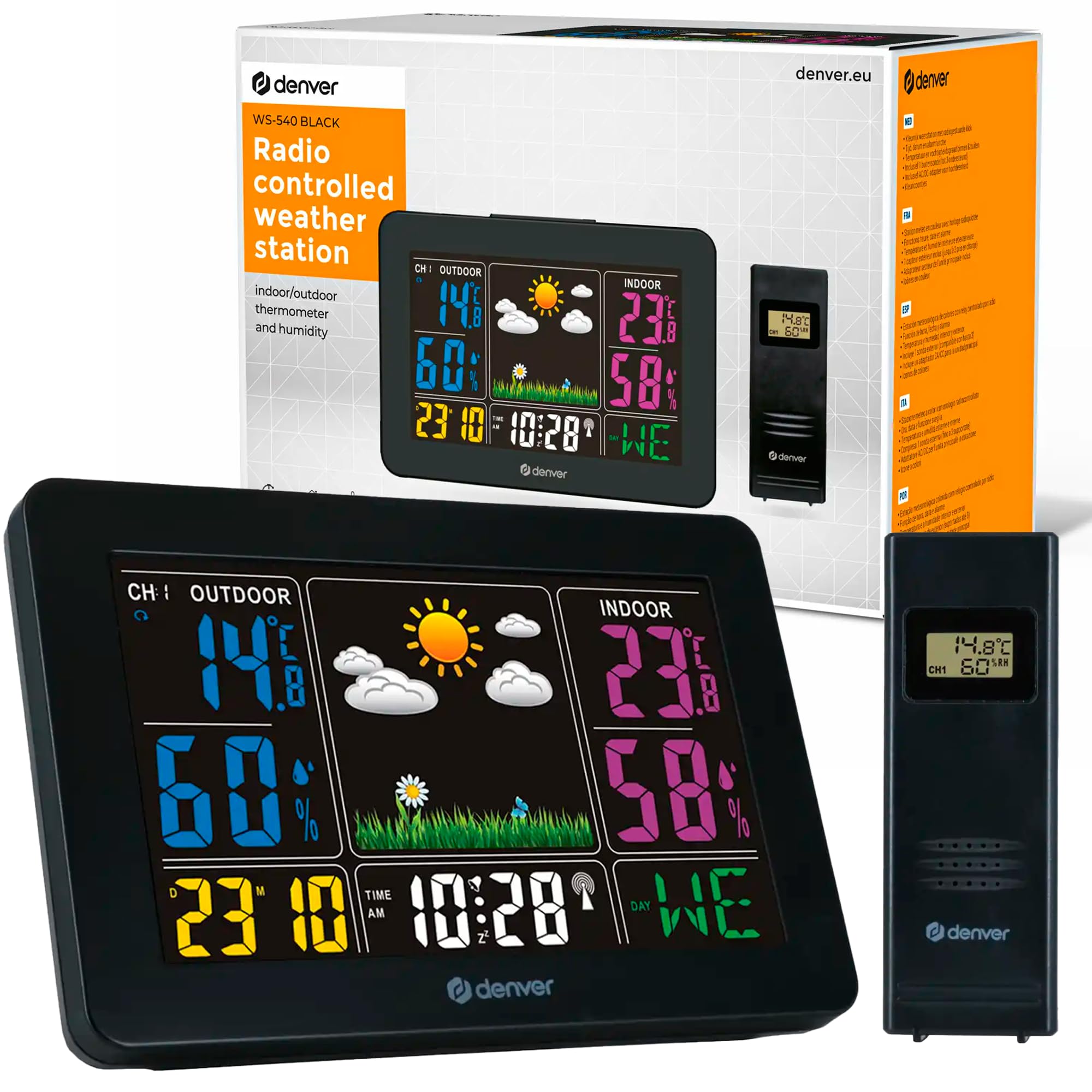 Denver WS-540 Weather Station with Outdoor Sensor, Alarm Function and Colour Display, Temperature and Humidity Measurement, Black