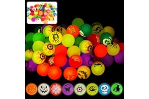 SPRINGFLOWER 72 Glow in The Dark Bouncing Balls,Halloween Party Favors Supplies, 8 Halloween Theme Designs for School Classroom Game Rewards, Trick or Treating Goodie, Halloween Miniatures/Prizes(with pouch bag)