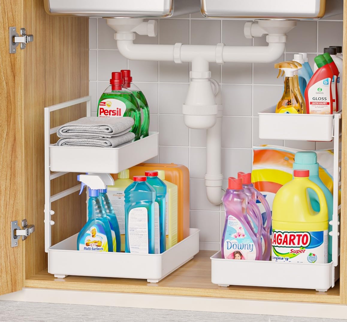 Photo 1 of EVERIE Height Adjustable 2 Tier Metal Pull Out Slide Shelf Organizer for Framed or Frameless Under Sink Cabinets in Kitchen, Bathroom, with Snap-on Top Tray (White, 2 Sets)