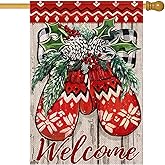 LHSION Merry Christmas House Flag 28 x 40 Inch Winter Gloves Decorative Double Sided Burlap Flag Holiday Banners for Winter Xmas Farm House Yard Decoration