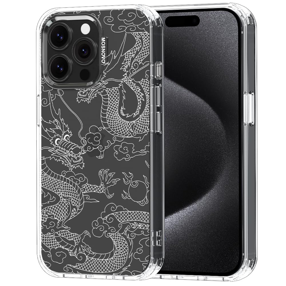 MOSNOVO Case for iPhone 15 Pro Max, [Buffertech 6.6ft Military-Grade Drop Protection] [Anti Peel Off Tech] Clear TPU Bumper Phone Case Cover Design - White Dragon