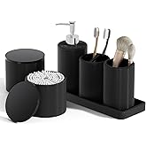 InnJoey 6-Piece Black Bathroom Set - Mesh Textured Resin Bathroom Accessories Set with Soap Dispenser, Toothbrush Holder, Cup, Vanity Tray & Apothecary Jars for Small Spaces