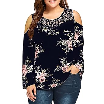 ESAILQ Mode Damen Plus Size Spitze Cold Shoulder Floral Bedruckte Bluse T-Shirt Tops