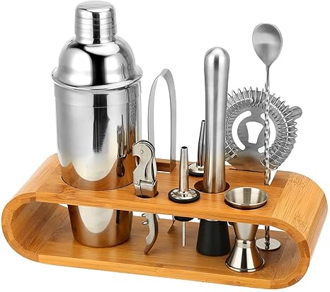 Shuban 10Pcs/Set - Stainless Steel Liquor Wine Cocktail Shaker Barware Set Includes Stirring Spoon, Measuring Jigger, Ice Tongs, Hand Mixer, Bottle Opener, Hawthorne Strainer, Stand