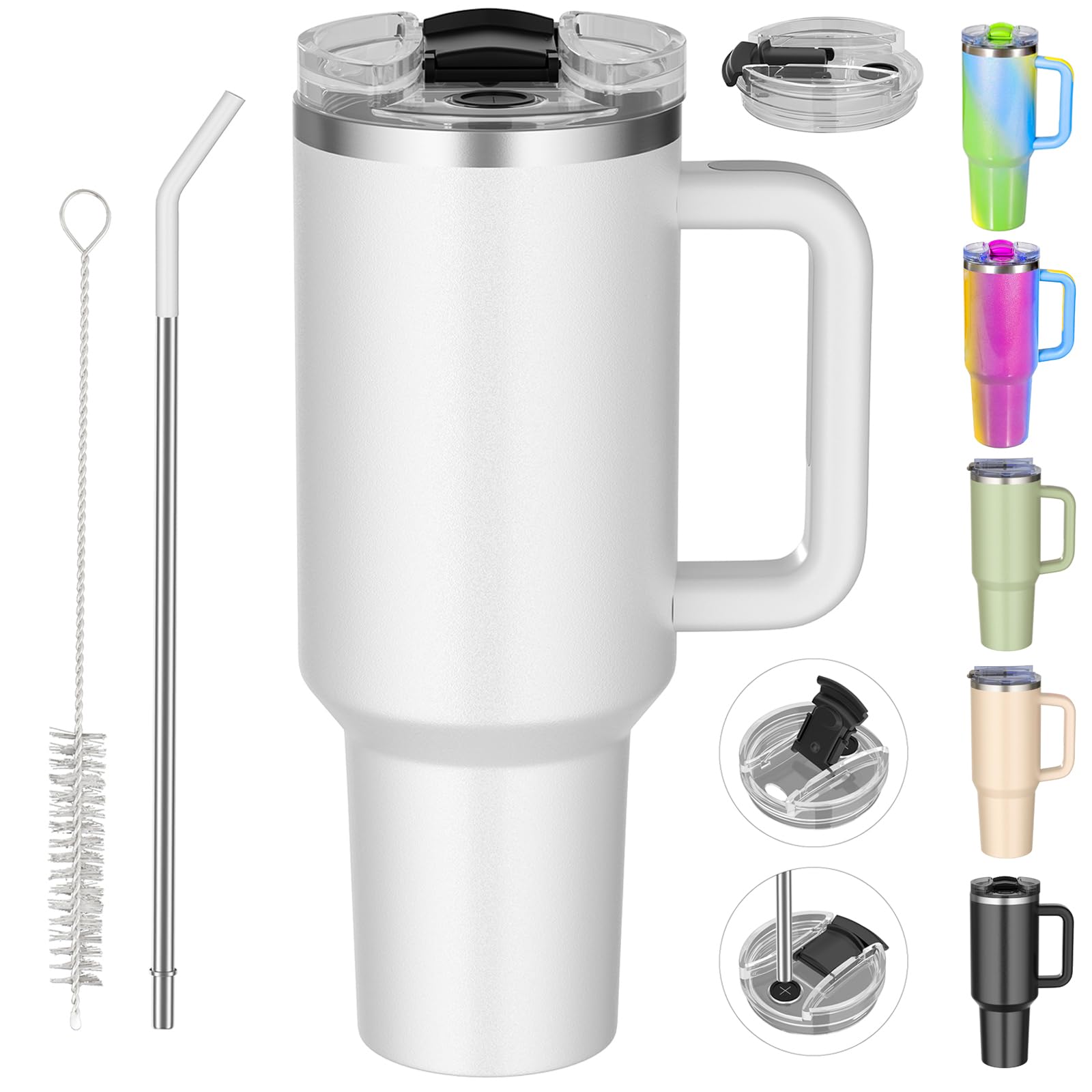 Photo 1 of weisidi 40 oz tumbler with handle and straw,Double Wall Vacuum Reusable Stainless Steel Insulated Water Bottle,With Leak Proof lid and Straw for Iced or Cold Beverages (White)