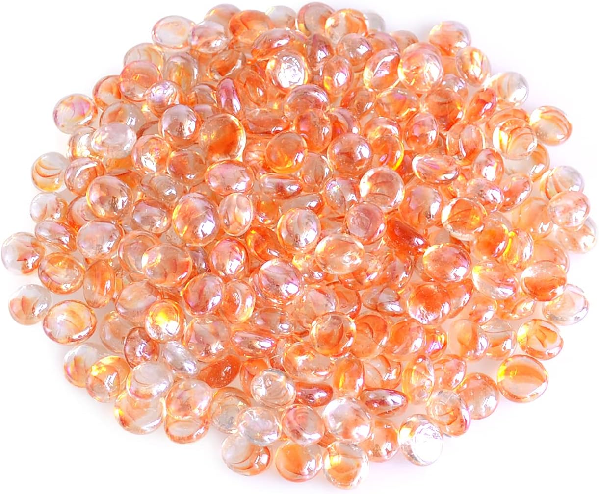 Vase Fillers - KINGOU Flat Glass Gems/Beads/Stones for Vase Filler, Table Scatter, Games - Orange Textures 1 Lbs (14-16mm, Approx. 5/8