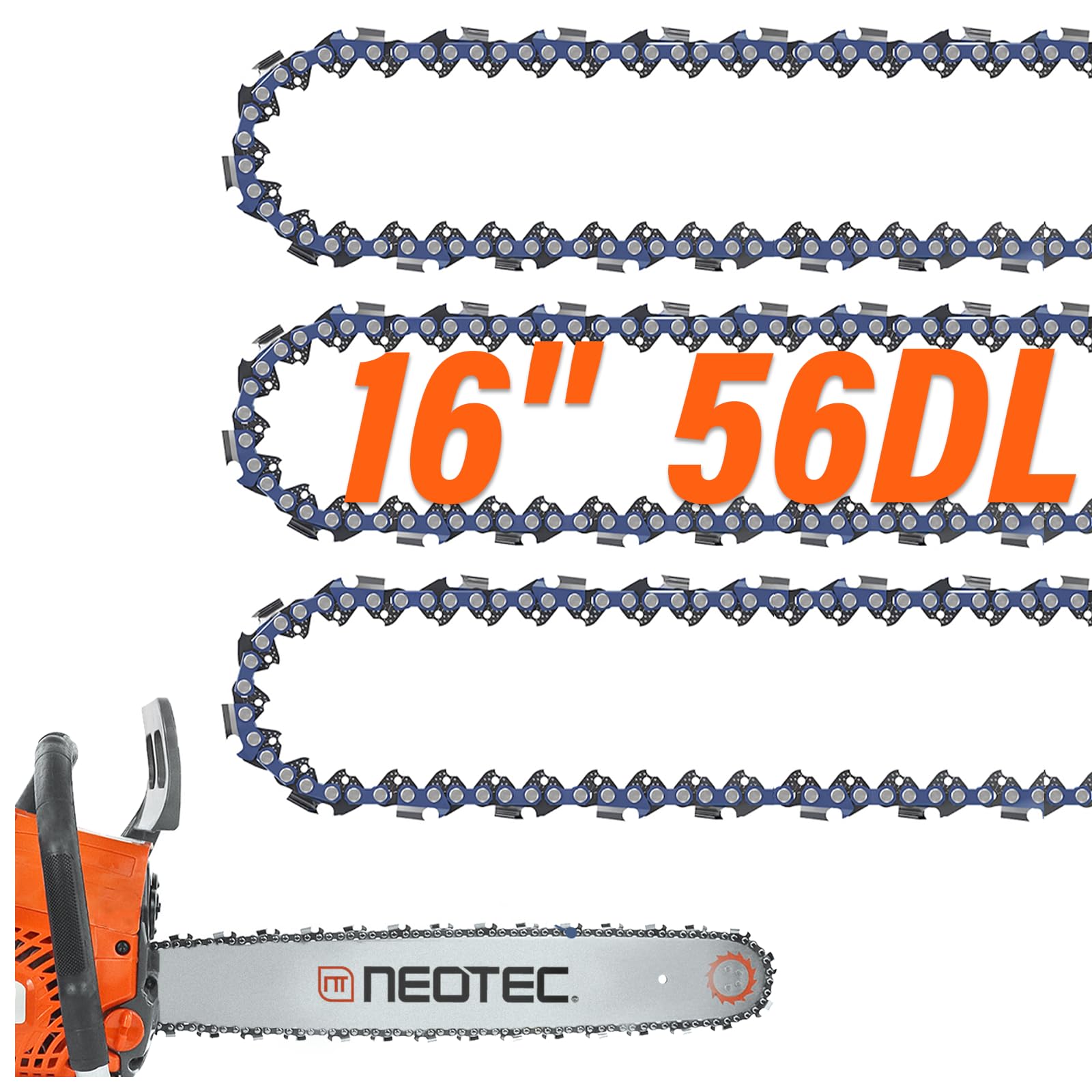 Photo 1 of NEO-TEC 16 Inch Chainsaw Chain 3/8" LP Pitch .043" Gauge 56 Drive Links, Fits Milwaukee M18 Chainsaw Chain 16 Inch,EGO CS1613, Dewalt DCCS690-49162715, DWO1DT616, Greenworks 20322, R56 (3 Chains)