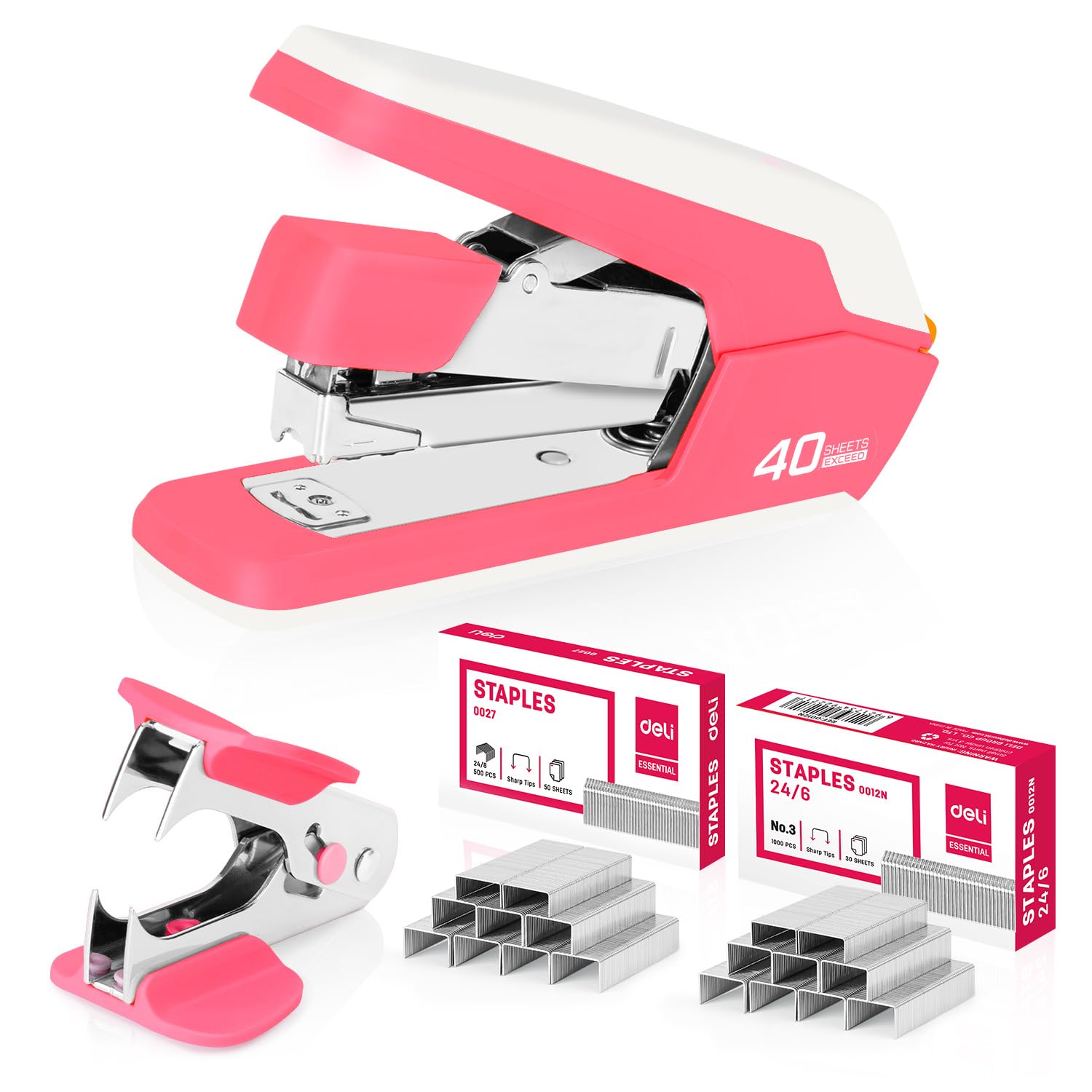 Deli Effortless Desktop Stapler, Heavy Duty Stapler, 40-50 Sheet Capacity, One Finger, No Effort, Includes 1500 Staples & Staple Remover, Rose Red