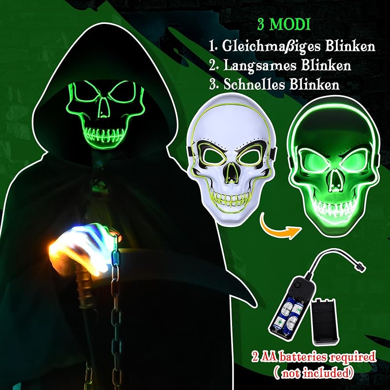 Sensenmann Kostüm, Sensemann Umhang Set mit Sense, Glow Skelett Maske, Glow Handschuhe und Kette, Umhang Schwarz mit Kapuze, Leuchtenden Kostüm Sensenmann Robe für Party Karneval Cosplay — Foto 4 von 6