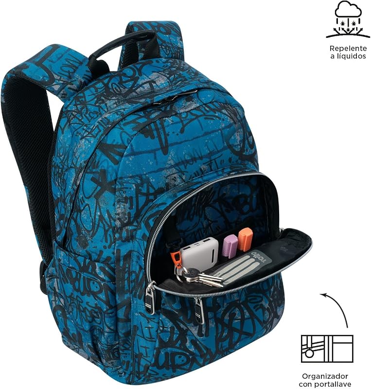 - Mochila escolar, modelo de elásticos, mochila média, capacidade de 15 L, bolso para PC de 14", bolso para garrafa, encosto ergonómico para fluxo de ar, alças em S confortáveis, Urban Graph Print