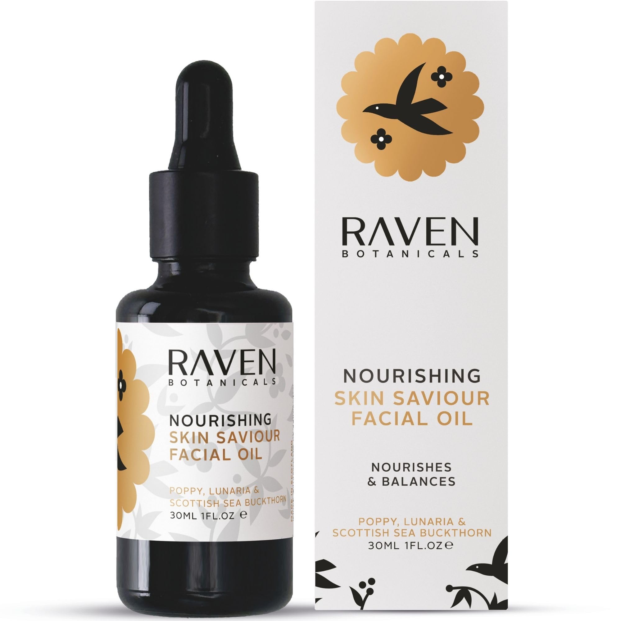 Raven Botanicals Nourishing Face Oil for Combination and Dry Skin, Deep Hydration and Barrier Support, Scottish Sea Buckthorn Formula - Skin Saviour Facial Oil 30ml