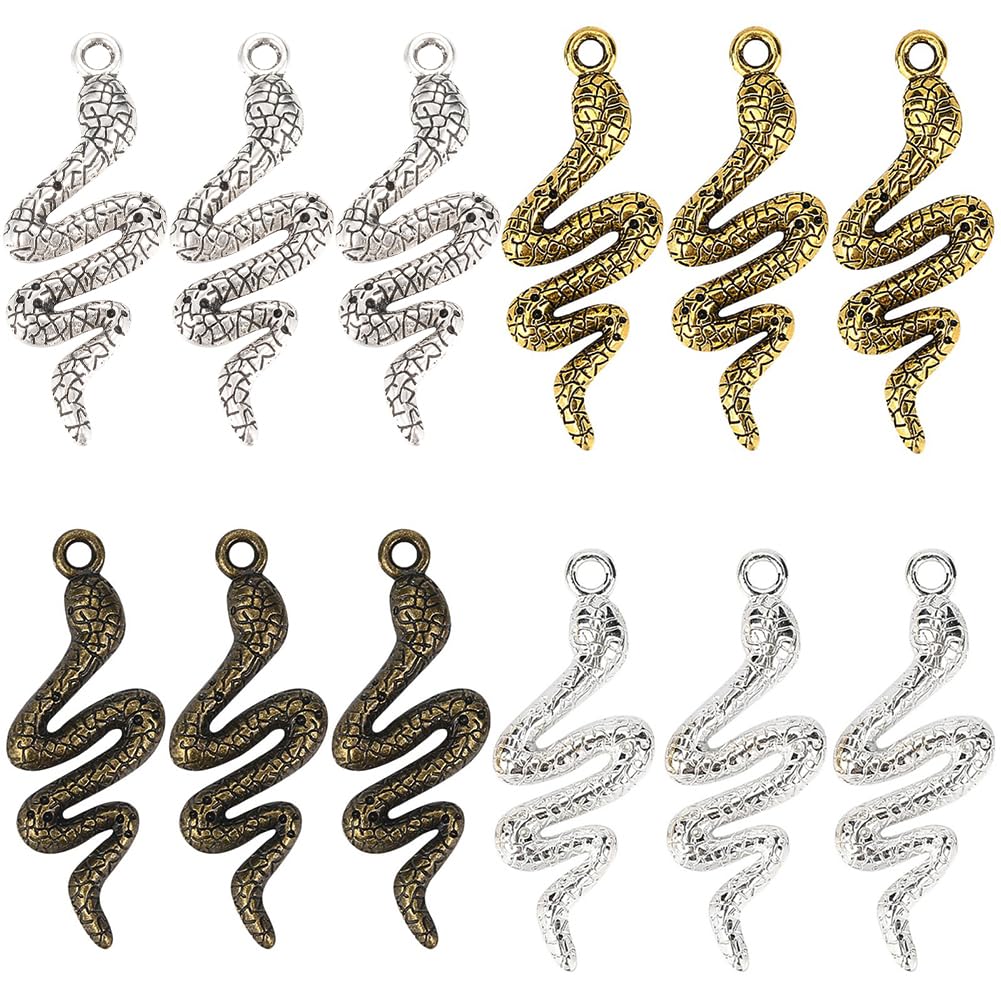 SUNNYCLUE 1 Box 40Pcs 4 Colors Alloy Snake Charms Pendants Metal Animal Cobra Viper Boa Pendant Antique Vintage Snakes for Jewelry Making Charms DIY Earrings Necklaces Bracelets Crafts Supplies