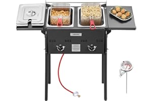 VEVOR Outdoor Propane Deep Fryer, Double Burners Commercial Fryer, 16 Qt Stainless Steel Cooker with Removable Baskets & Lids & Tanks, Oil Fryer Cart with Thermometer & Regulator, For Outdoor Cooking
