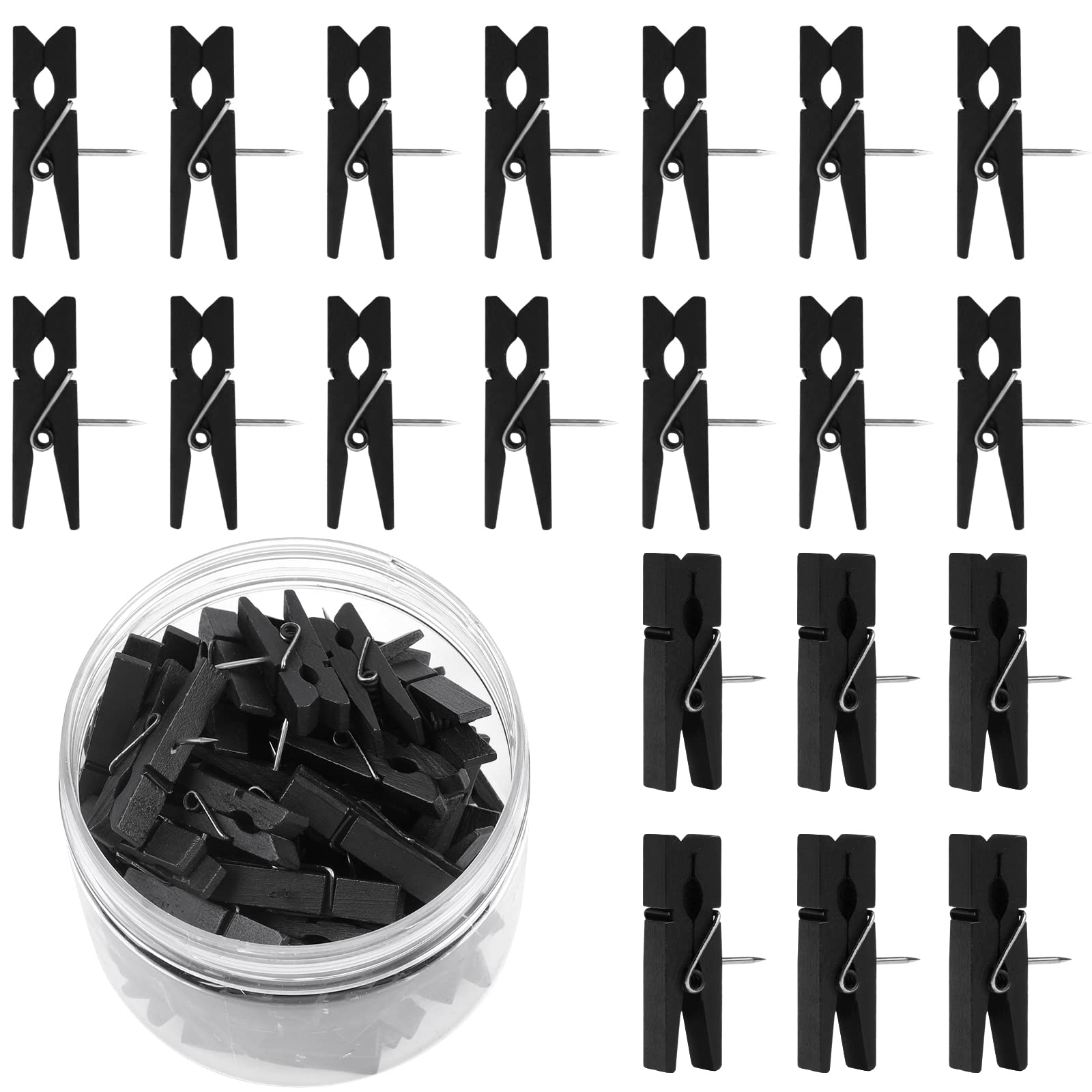 Photo 1 of 50 Pcs Push Pin with Wooden Clips, Durable Wooden Push Pins, Decorative Pushpins Tacks Thumbtacks, Tacks for Cork Board Artworks Notes Photos, Craft Projects, Offices and Homes (black)