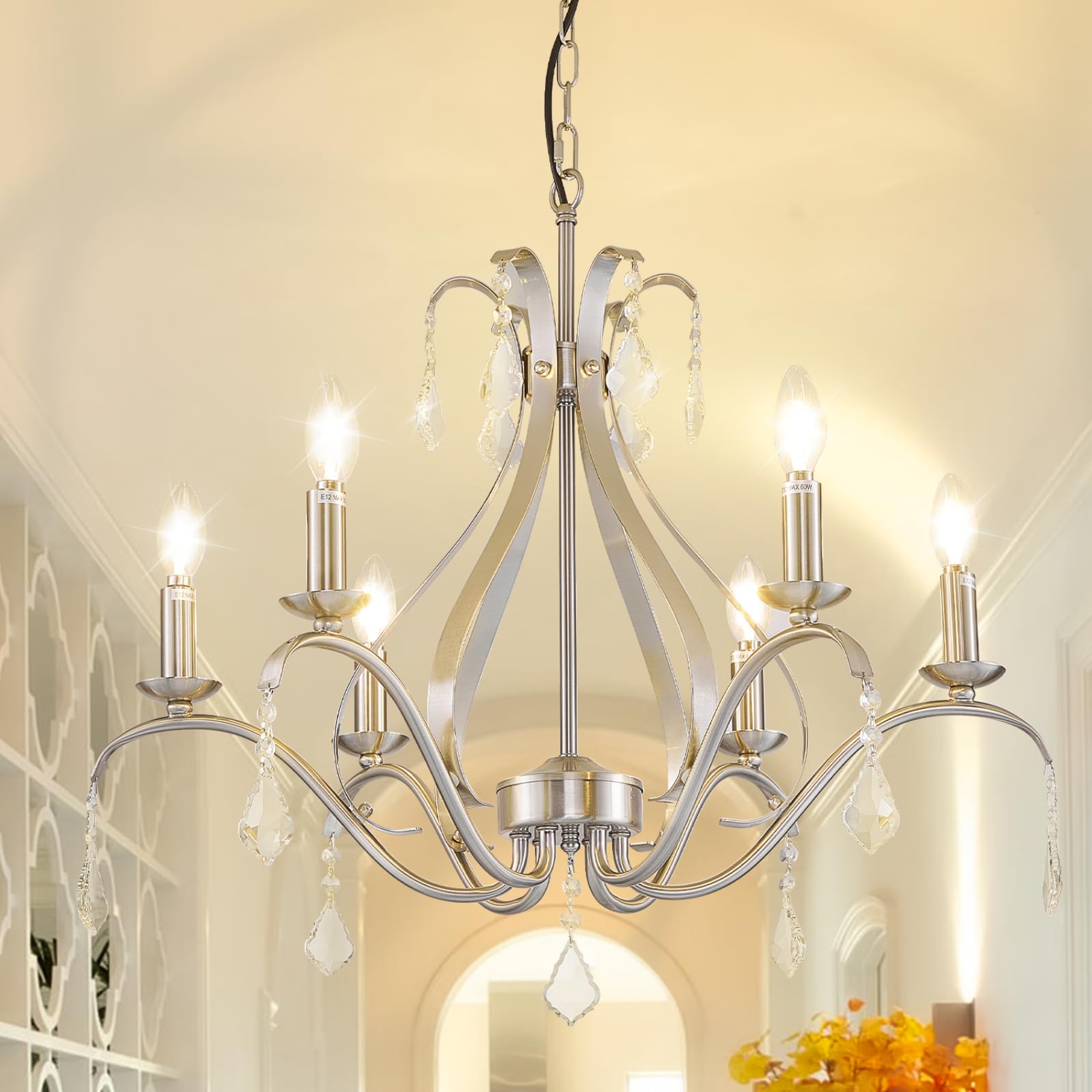 Photo 1 of *FOR PARTS ONLY* Silver Dining Room Light Fixture/Chandelier Over Table,6-Light Farmhouse Crystal Candle Chandelier, 24" Rustic Kitchen Island Lighting, High Ceiling Hanging Chandelier,for Bedroom,Foyer,Entryway
