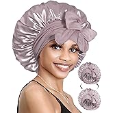 BONNET QUEEN Silk Bonnet for Sleeping Satin Bonnet with Tie Hair Wrap Double Layer Sleep Cap for Women Curly Hair, Grey Purple