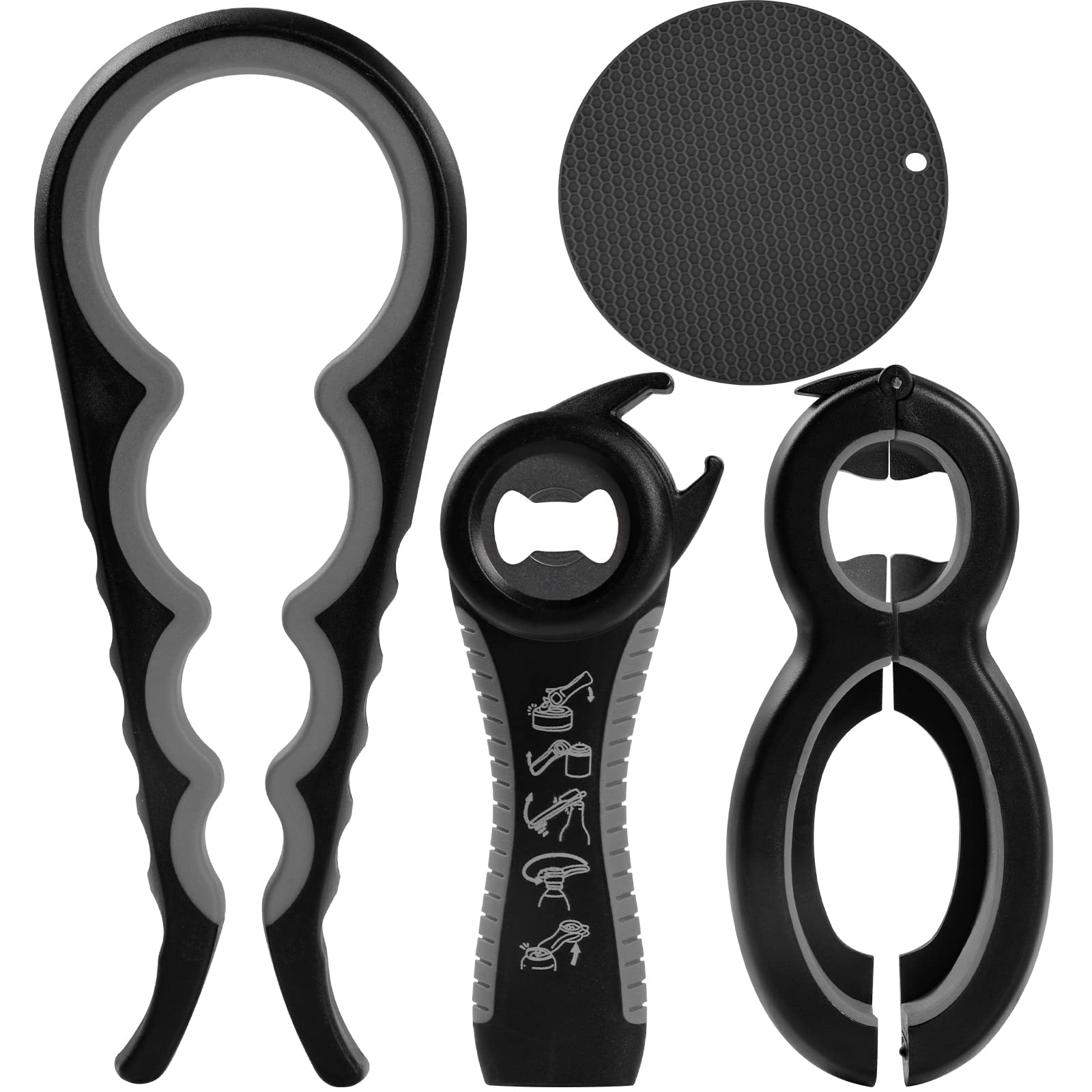 Jar Opener Set - 4 Pack Jar Opener for Weak Hands 6-in-1 5-in-1 Jar Bottle Openers for Seniors with Arthritis, 4-in-1 Jar Openers + Non Slip Lid Opener Gripper Pad (Black)