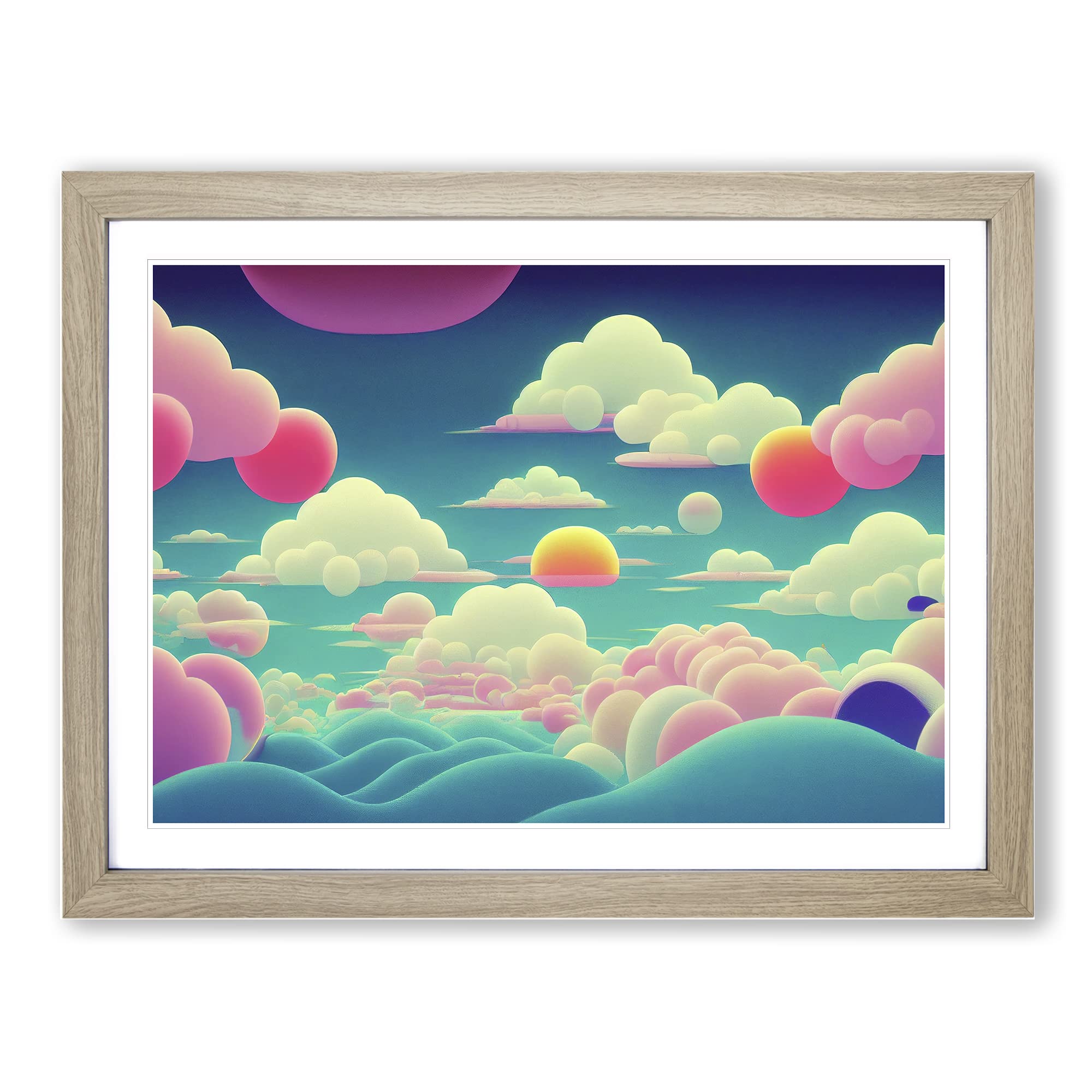 Bubblegum Clouds Vol.1 Framed Print | A3 Oak Framed Wall Art | Ready to Hang | Modern Landscape Picture | Living Room Bedroom Lounge Office