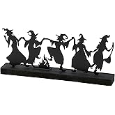 Primitives by Kathy Sitter - Dancing Witches Decorative Sitter from Our Halloween Collection Featuring a Black Metal Cutout of Witches Dancing Around a fire Attached to a Coordinating Black Wood Base