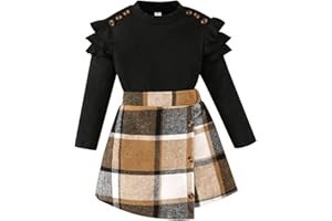 Noubeau Toddler Girls Skirt Set Long Sleeve Ruffle Top Shirt+Plaid Skirt Fall Winter Clothes for Girls 2 Piece Outfits
