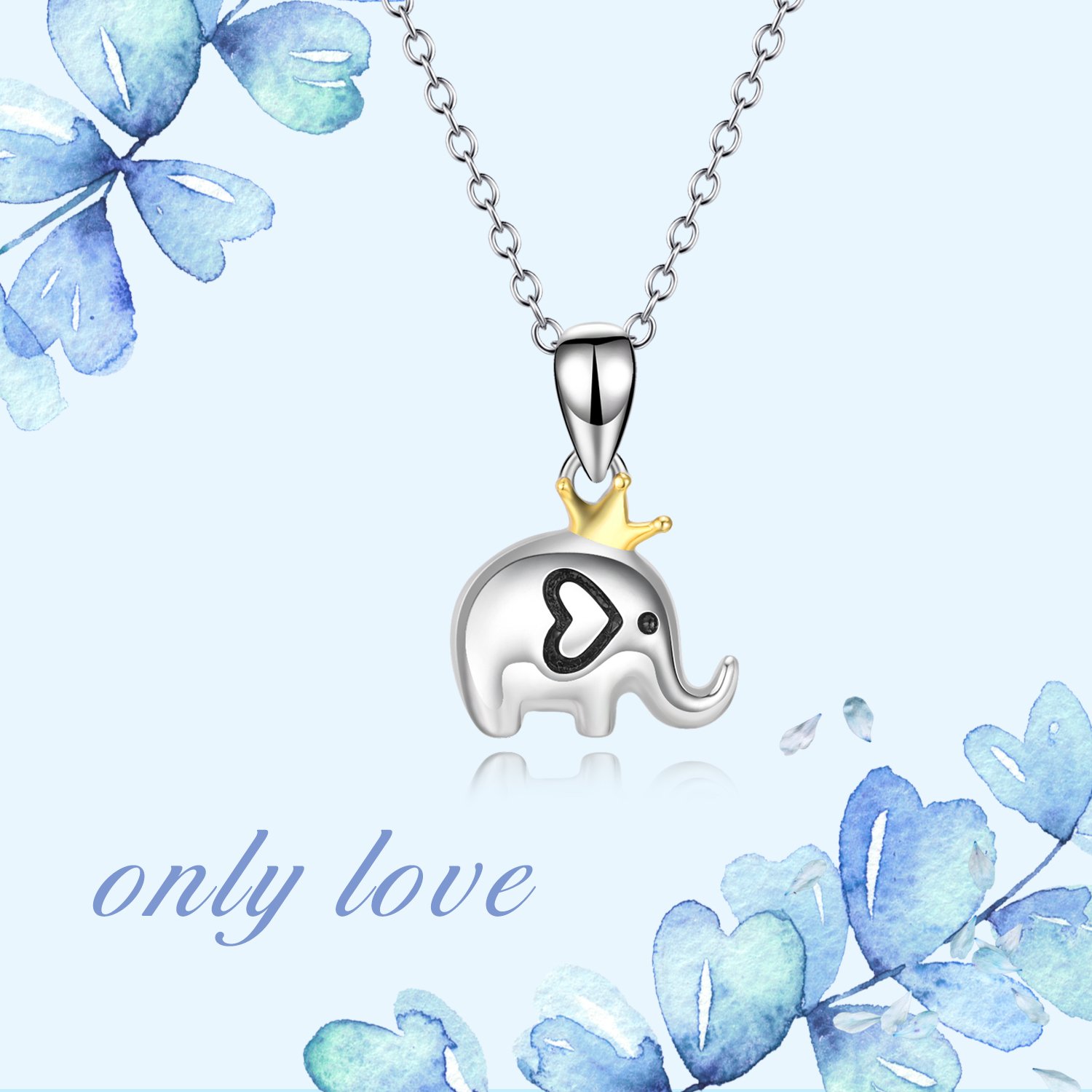 POPLYKE Sterling Silver Princess Crown Elephant Pendant Necklace for Women Girls (Princess Crown Elephant Pendant Necklace)