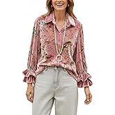 Women's Vintage Velvet Button Down Shirt Long Sleeve Collared Boho Floral Print Double Ruffle Cuffs Tops