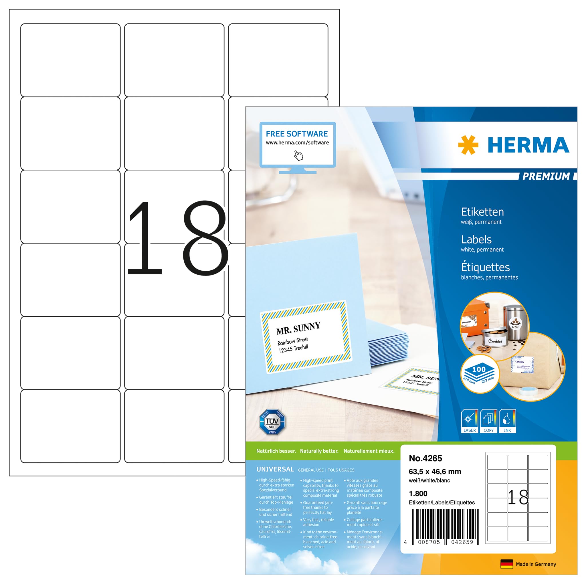Herma Multi Function Labels White 4265, A4, 100 Sheets, 18 per sheet, 63.5x46.6 SuperPrint 1800 pcs.