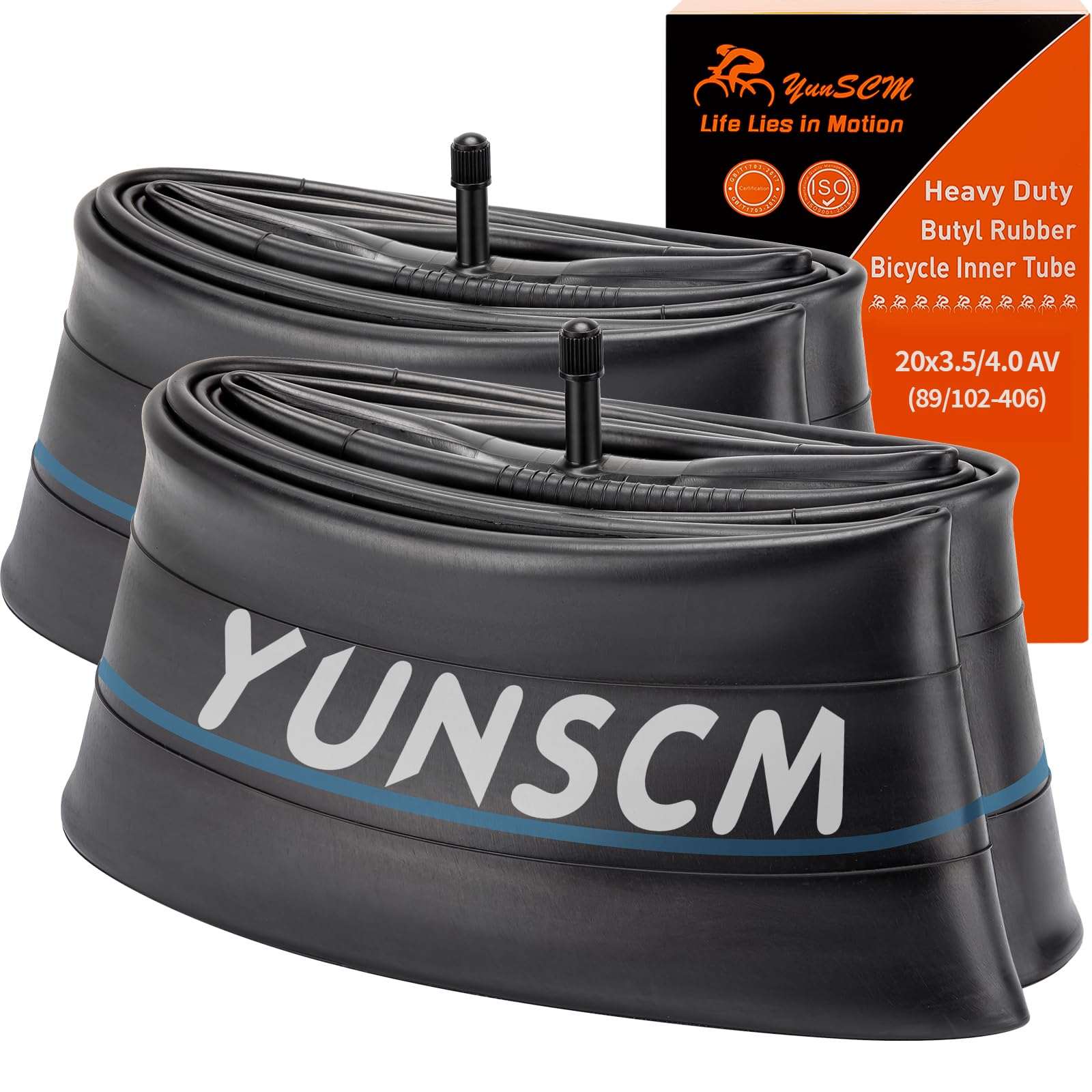 Photo 1 of YUNSCM 2-PCS 20x4 Heavy Duty Fat Tire Tubes Schrader Valve Premium Butyl Rubber 20 Bike Tubes Compatible with 20x3.5/4.0 89/102-406 E-Bike/Mountain Bike/Street Bike Bicycle Tire Tubes