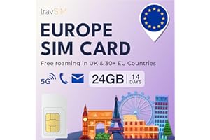 travSIM Europe SIM Card | 24GB Data at 4G/5G speeds | Data Only SIM | Use SIM Card for Europe Travel in 27 Countries in The EU | Plan on SIM Card for Europe is Valid for 14 Days