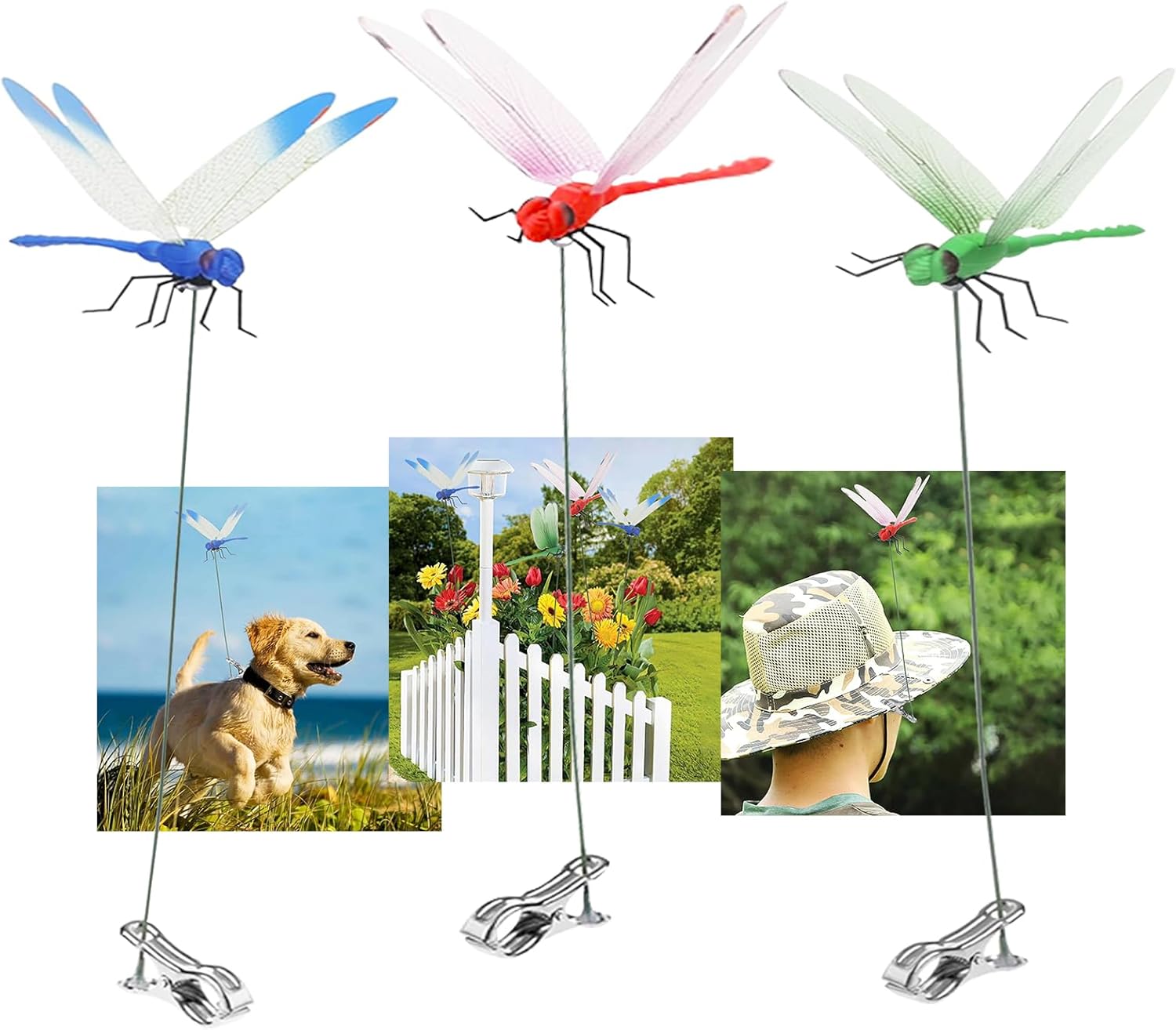 Decorative Garden Stakes - 3 pcs Fake Dragonfly Clip 3D Dragonfly Decor Metal Dragonfly Garden Stakes Dragonfly Decoy for Garden Dragonfly Outdoor Clip, 3 Colors