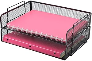 EASEPRES 2 Pack Stackable Desk Paper Tray, Metal Mesh Desktop Document Letter File Organizer for Office Home School, 13.5'' L x 9.75'' W x 5.5'' H, Black