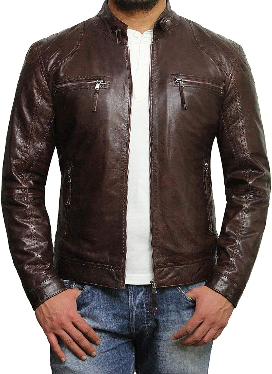 BRANDSLOCK Mens Leather Jacket Genuine Lambskin Moto Biker Slimfit Amazon.co.uk Clothing