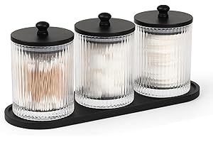 eggs sound 3 Pack Qtip Holder - Bathroom Organizers and Storage, Cotton Round Holder Floss Pick Cotton Ball Swab Holder with Tray, Glass Apothecary Jars with Lids Container Set -sw clear b