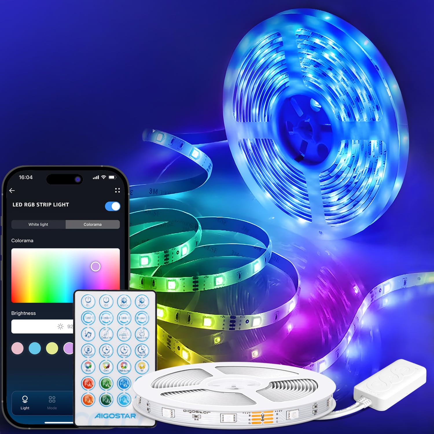 Aigostar 10M Led Strip Lights RGB Led Lights with Alexa Smart App Control Remote, 30 Beads/m Music Sync Color Changing for Bedroom Lighting Home Party