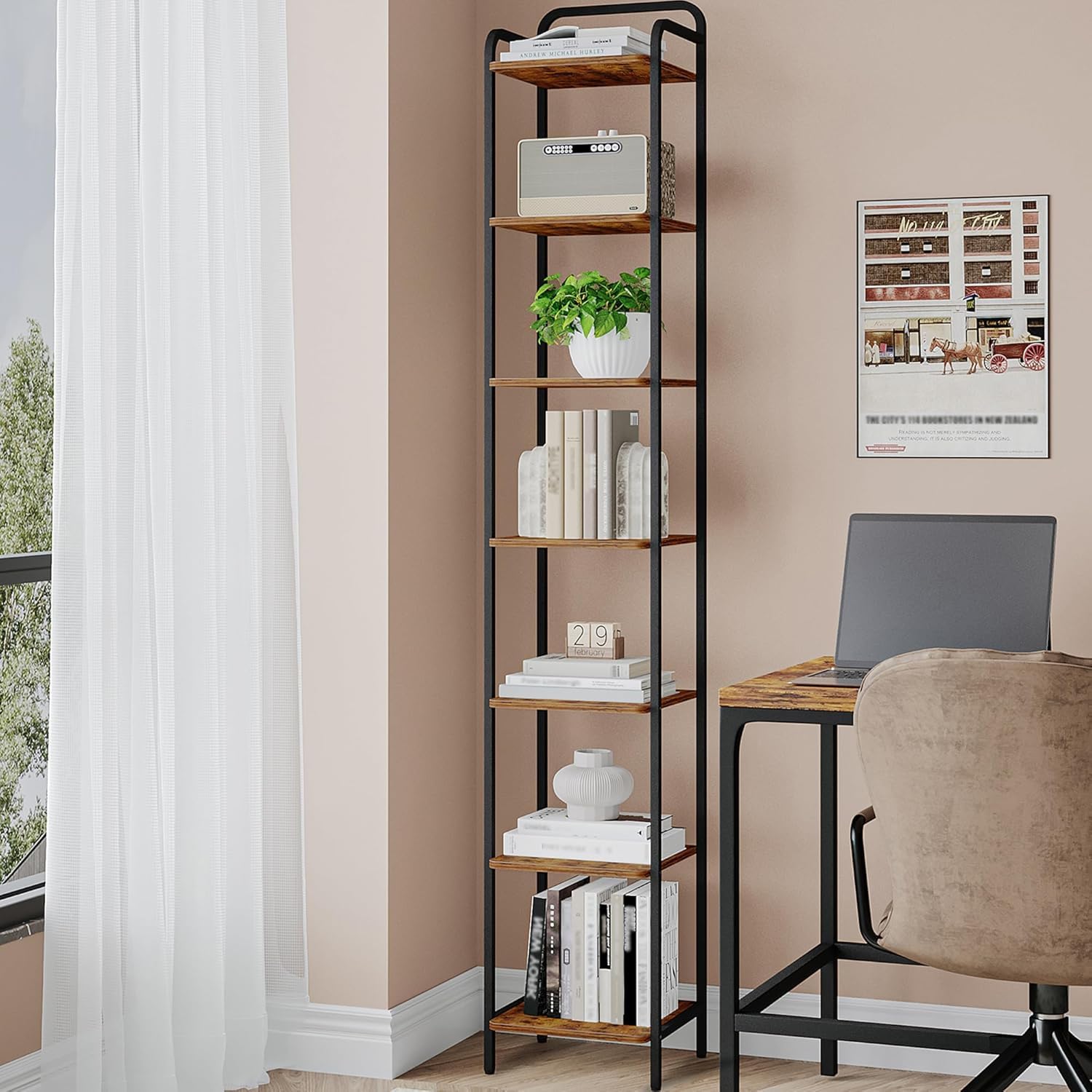 Photo 1 of Hzuaneri Bookcase Bookshelf, Narrow Book Shelf, Industrial Corner Shelf Storage Organizer, Slim Shelving Unit for Home Office, Living Room, Bedroom, Kitchen, 7-Tier Rustic Brown and Black BC24701B
