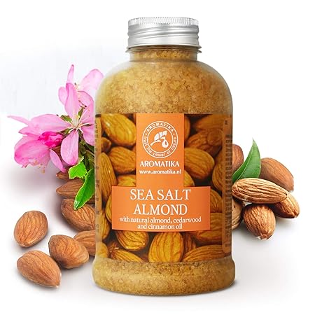 Badesalz Mandel 600g - Meersalz mit 100% Natürlichem Mandelöl - Zedernöl und Zimtöl - Besten für Guten Schlaf - Stressabbau -