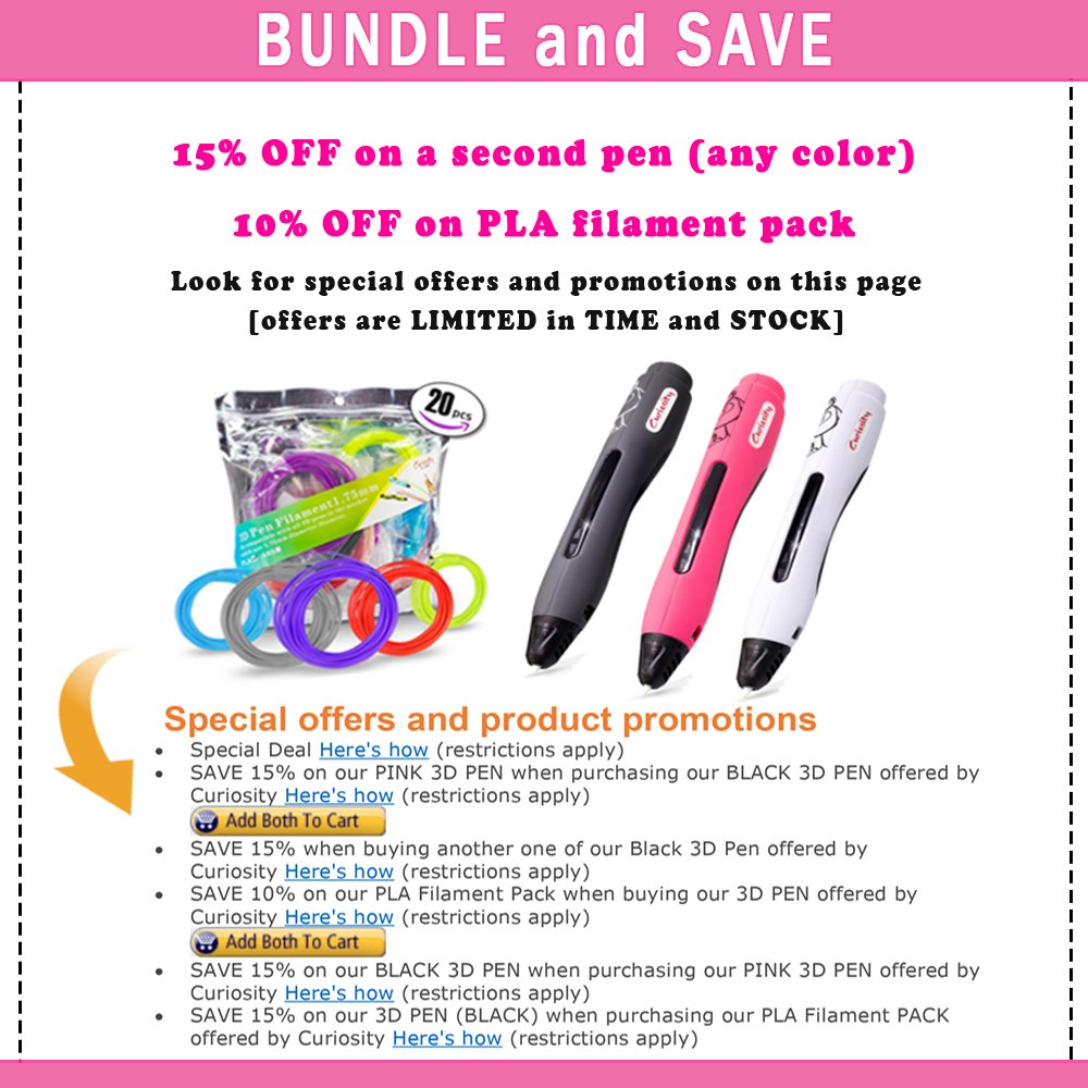 3D Printer Pen - Simple & Fun 1 Button Operation 3D Pen for Kids, Teens and Adults - Includes Two PLA Filaments, USB & BONUS Safety Shovel Tool by Curiosity