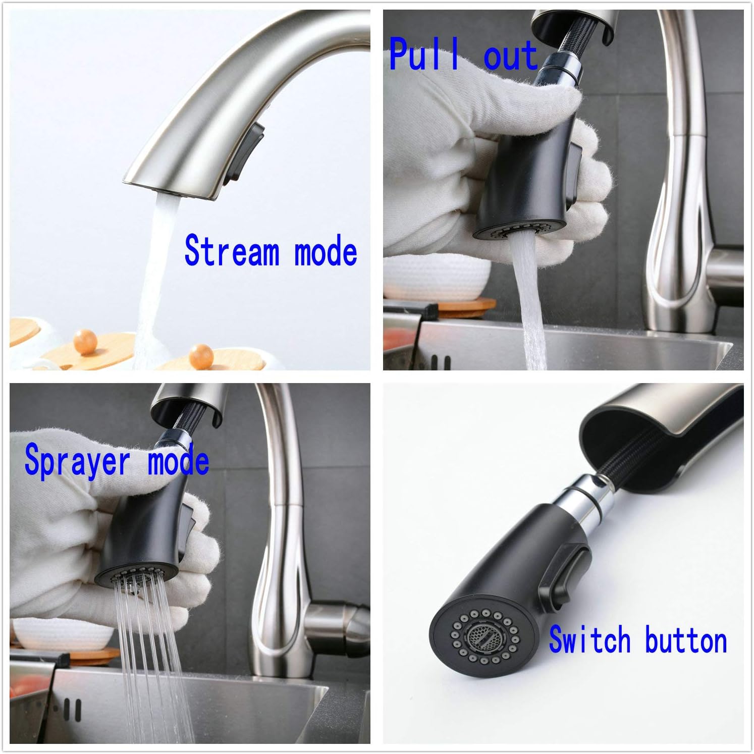 Commercial Kitchen Tap 360° Swivel Single Handle Lever Brushed Nickel Pull Out 1 Hole Mount