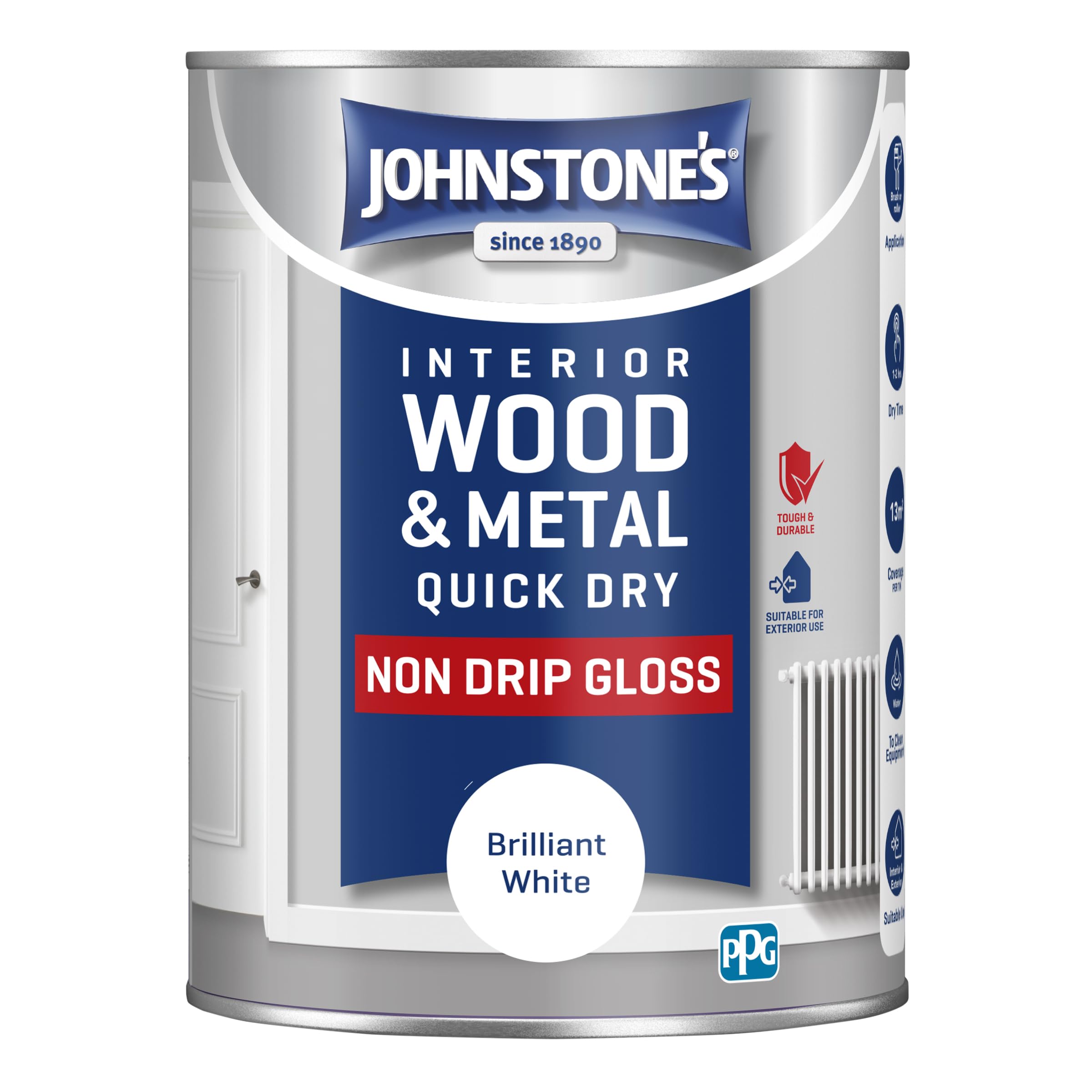 Johnstone's - Wood & Metal Paint - Gloss Finish - Brilliant White - 1.25l - Water Based - Non Drip & Quick Drying - Radiator Paint - Low Odour (Packing may vary)