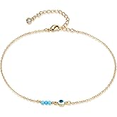 Gold Dainty Turquoise Anklet for Women,14K Gold Plated Cute Tiny Beaded Evil Eye Boho Beach Foot Chain Ankle Bracelet for Women on Summer