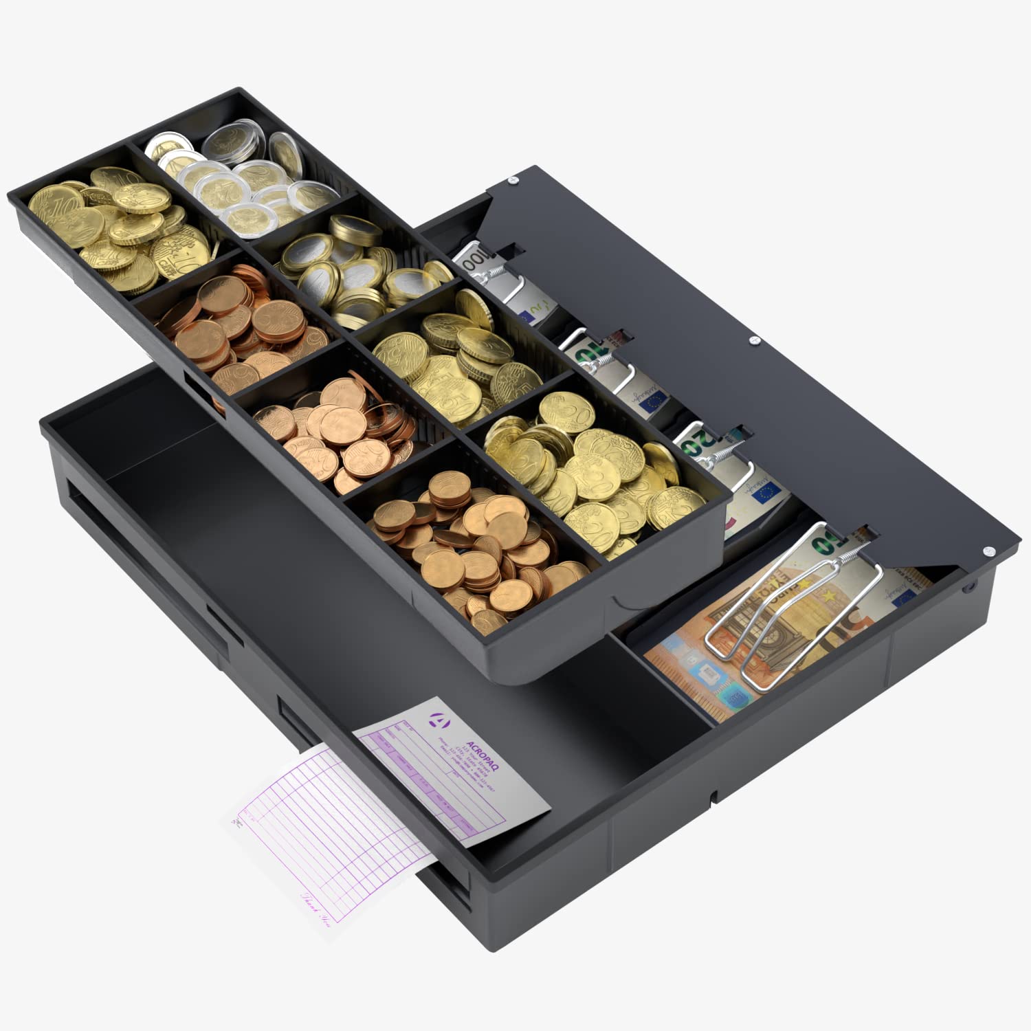 ACROPAQ - Cash Drawer Tray - Compatible with All Cash Drawers 41 cm Wide, 36 x 32 x 6 cm, 4 Coin compartments and 8 banknote compartments - Black