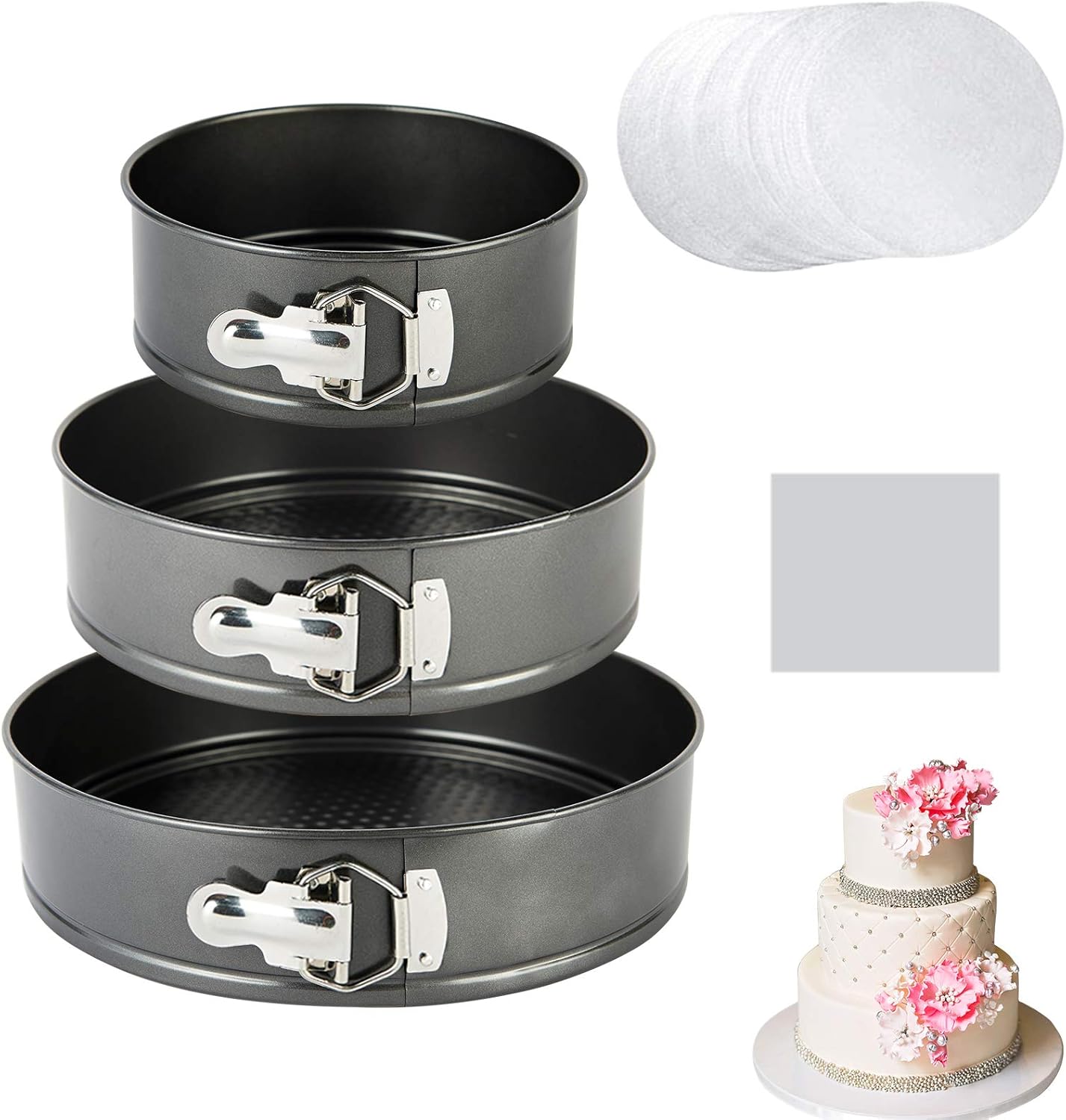 vplus Springform Pan Set, 3 Pieces Nonstick Bakeware Set Cake Pan Set with 50 Pcs Parchment Paper Liners: Kitchen & Dining