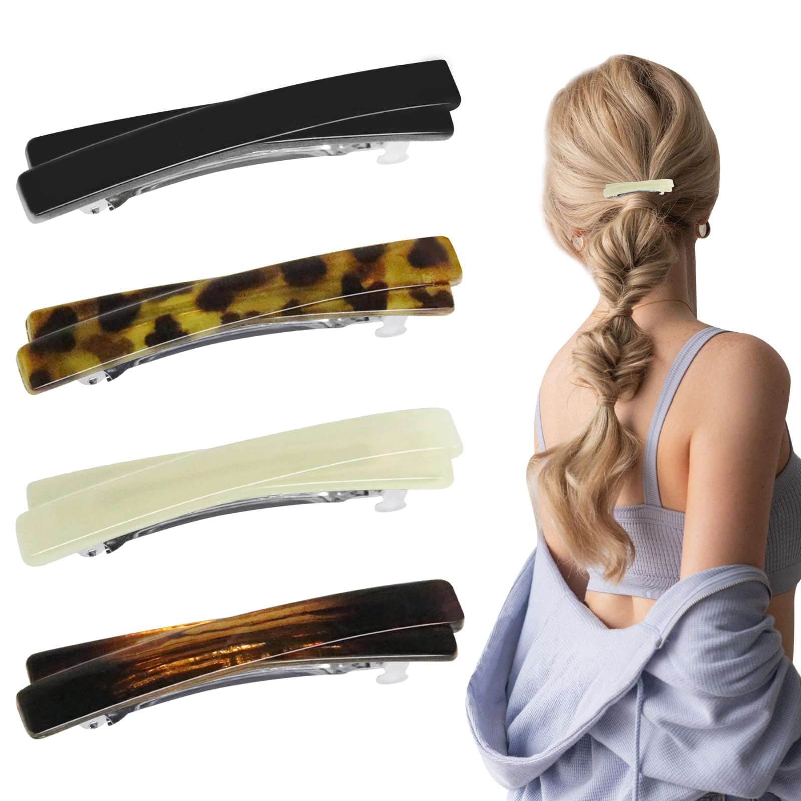 Photo 1 of 4Pcs French Barrette Hair Clips for Women Goody Barrettes Small Tortoise Shell Curved Glossy Thin Fine Flat Hair Accessories Black White Leopard Color Amber 2.56 Inch Hold Grip Styling Girls