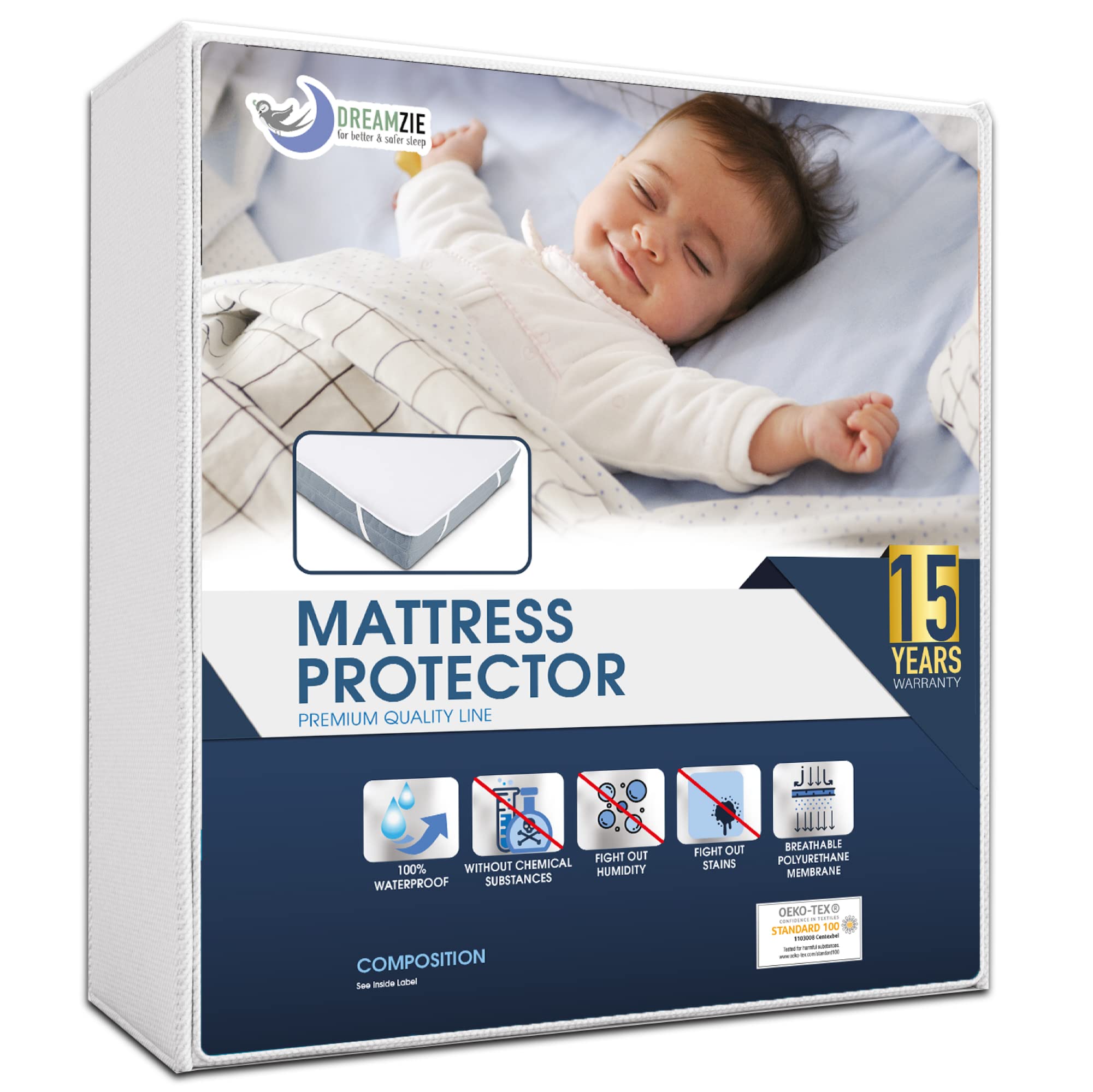 Dreamzie Mattress Protector Waterproof with 4 Elastic Corners - Made in EU - OEKO-TEX® Certified- For Mattress 70 x 160 cm